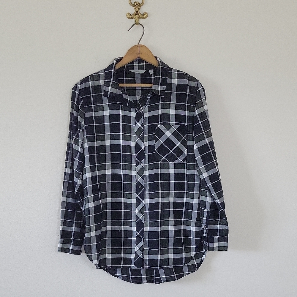 Athleta Green Blue Plaid Long‎ Sleeve Button Down Shirt Size Medium